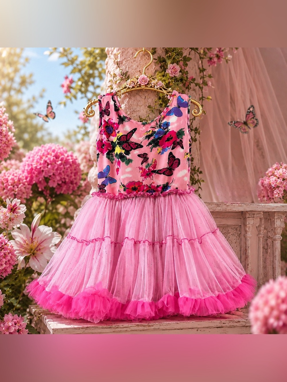 Popatu Pink Butterfly Tulle Dress Girls 3-4 + Matching Hair Clip